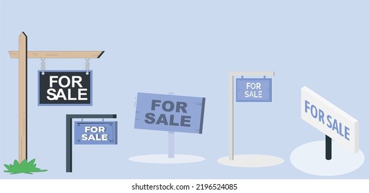 Collection of different shaped sale notice boards isolated on blue background. 3d render For sale sign Isolated. vector illustration