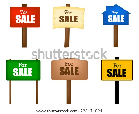 Collection of different shaped sale notice boards isolated on white background 