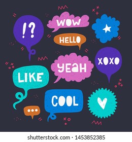 Collection of different shaped speech bubbles with talking words Hello, Yeah, Wow, Like, Cool, Xoxo. Colorful balloon set with heart, star, exclamation and question marks and three dots with doodles