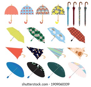 Collection of different shapes, designs, colors umbrellas. Hand-drawn vector illustration with items isolated on white background.