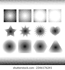 A collection of different shapes and edge halftone effects. Dot effect illustration.