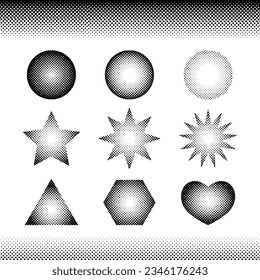 A collection of different shapes and edge halftone effects. Dot effect illustration.