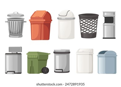 Collection of different shapes garbage can and boxes vector illustration isolated on white background