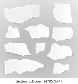Collection different shapes torn paper pieces. Set of ripped paper sheets. Template for notes, banners, scraps, advertising.