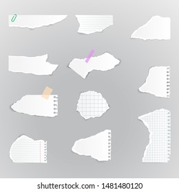 Collection different shapes torn paper pieces. Set of ripped paper sheets. Template for notes, banners, scraps, advertising.