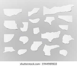 Colección de diferentes formas desgarradas piezas de papel. Conjunto de hojas de papel despojadas. Plantilla para notas, carteles, recortes, publicidad.