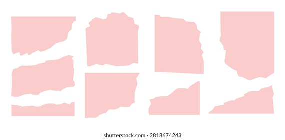 Collection of different shapes of torn paper scraps in pink color, isolated on white background. Perfect for scrapbooking, journaling, and digital art.