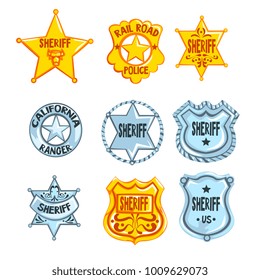 Collection of different sheriff, railroad police and rangers badges. Cop s golden and silver tokens. Cartoon emblems in flat style. Policeman symbol. Vector design