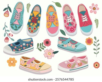  Collection of  different shoes fashion cute sneakers with colorful flower print for kids  vector footwear In Flat Style.