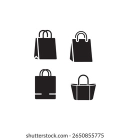 Collection of Different Shopping Bag Icons.This image features a set of black and white shopping bag icons in various styles and shapes.