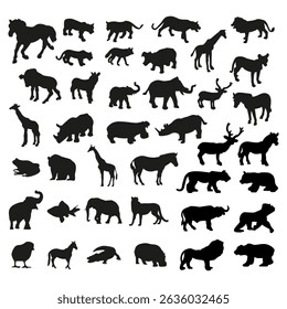 Collection of different silhouette of animals isolated on a white background. Different animal set silhouette