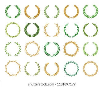 Collection of different silhouette circular laurel foliate, wheat, oak and olive wreaths depicting an award, achievement, heraldry, nobility. Vector illustration.