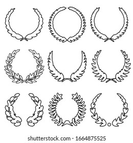 Collection of different silhouette circular laurel foliate, wheat, oak wreaths depicting an award, achievement, heraldry, nobility. Vector illustration. Hand drawing christmas elegant Laurel wreath.