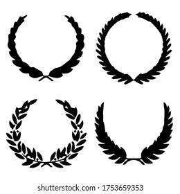Collection of different silhouette circular laurel foliate, wheat, oak wreaths depicting an award, achievement, heraldry, nobility. Vector illustration. Hand drawing christmas elegant Laurel wreath.