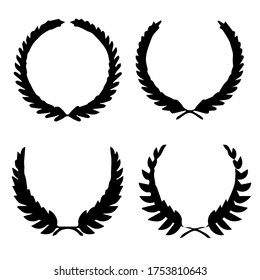 Collection of different silhouette circular laurel foliate, wheat, oak wreaths depicting an award, achievement, heraldry, nobility. Vector illustration. Hand drawing christmas elegant Laurel wreath.