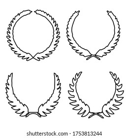 Collection of different silhouette circular laurel foliate, wheat, oak wreaths depicting an award, achievement, heraldry, nobility. Vector illustration. Hand drawing christmas elegant Laurel wreath.