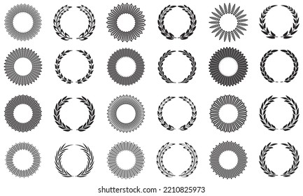 Collection of different silhouette circular laurel foliage, wheat and wreaths depicting an award, achievement, heraldry