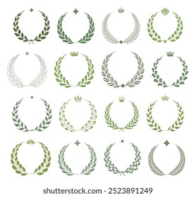 Collection of different silhouette circular laurel foliate, wheat and oak wreaths depicting an award, achievement, heraldry, nobility. Green award wreaths with crowns and stars. Ceremonial Frames