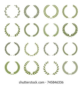 Collection of different  silhouette circular laurel foliate, wheat and oak wreaths depicting an award, achievement, heraldry, nobility. Vector illustration.