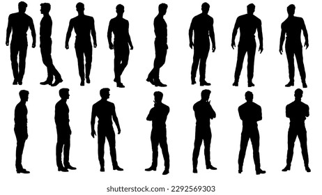 colección de diferentes cuerpos masculinos de silueta que posan con traje de trabajo de negocios, vector aislado