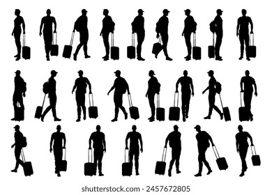 collection of different silhouette male traveler character with suitcase or baggage , isolated vector for graphic resources