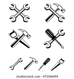 Collection of different silhouette tools to combine setting icon. Repairer set, wrench screwdriver saw hammer