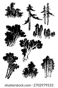 Collection of different silhouette of tree and branch isolated on a white background 