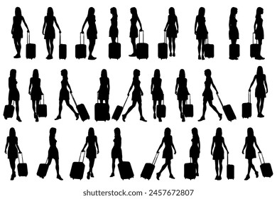 collection of different silhouette young female traveler character with suitcase or baggage , isolated vector for graphic resources