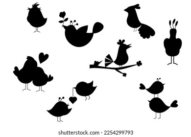 Collection of different silhouettes of cartoon birds. Vector