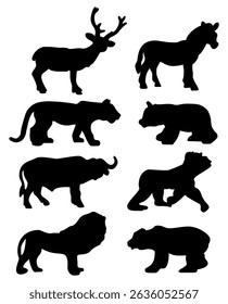 Collection of different sillhouette of animals isolated on a white background. Different animals set