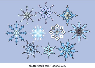 Collection of different size snowflakes. New Year or Christmas celebration. Set of flakes of snow for winter holidays or merry xmas. Cold frozen snowy vacation. Flat vector illustration. 