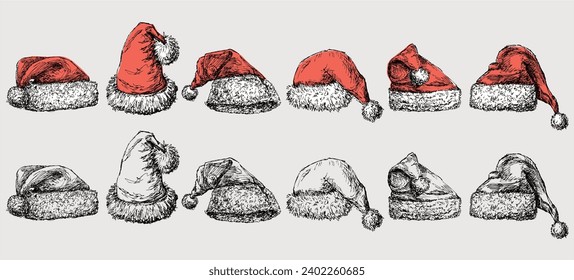 Collection of different sketches red Santa Claus hats with white fur and pom-poms, hats for Christmas