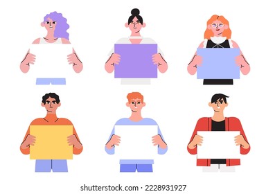 Collection of different smiling men and women holding placards, posters, banners. Teenagers, managers, students, employees with empty paper boards show, present, demonstrate advertisement, message.