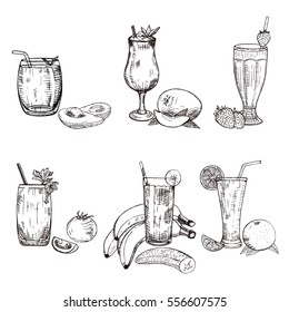 Collection of different smoothie in glass. Vector sketch of avocado, banana, mango, orange, strawberry, and tomato beverages. Fruity set used for poster, advertising menu or recipe book design.