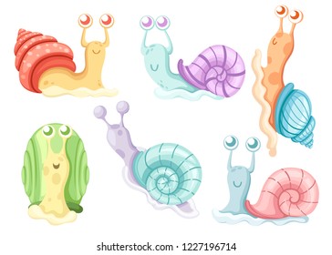 Collection of different snails. Sea and forest snails. Colorful clam cartoon character design. Flat vector illustration isolated on white background.