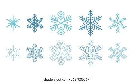 Collection of different snowflakes in filled and outline styles, drawn in flat cartoon design. A festive, wintry set perfect for Christmas decoration, cards, patterns, or seasonal graphic projects.