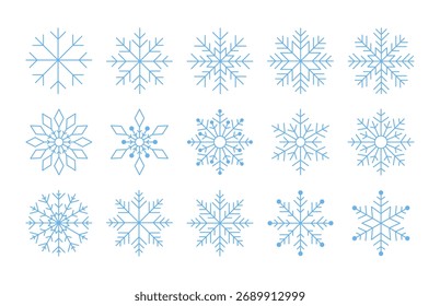 A collection of different snowflakes isolated on a white background, graphic vector illustration. Christmas winter element for decoration, holiday, postcard, design. A set of icons