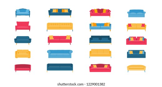 A collection of different sofas. A big set of furniture for the home. Elements of the interior of the apartment. Interior Design. Goods for repair and construction. Vector flat illustration