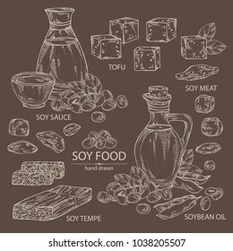 Collection of different soy products: soybean oil, tofu, soy sauce, soy meat and tempe. Vector hand drawn illustration.