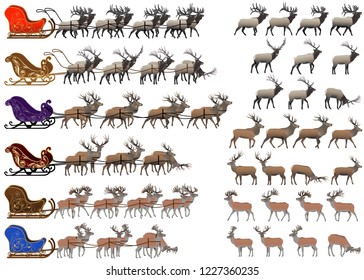 Collection of different species of red deer and deer sleds