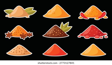 Collection of different spice piles colors