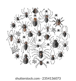 Collection of different spiders. Circle frame isolated on white
