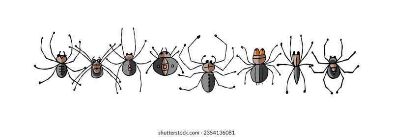 Collection of different spiders. Hand drawn style.