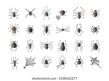 Collection of different spiders. Icons set. Hand drawn style.