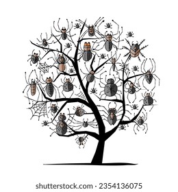Collection of different spiders on tree house. Concept art for your design. Hand drawn style