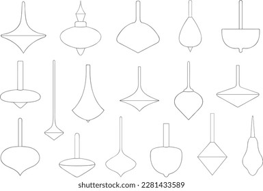 Collection of different spinning tops isolated on white