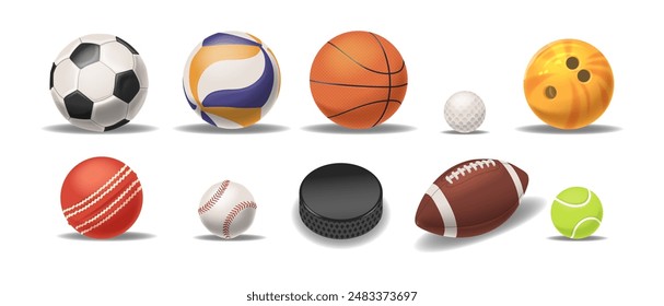 Colección De Diferentes Pelotas Deportivas, Incluyendo Fútbol, Voleibol, Baloncesto, Bolos, Golf, Cricket, Béisbol