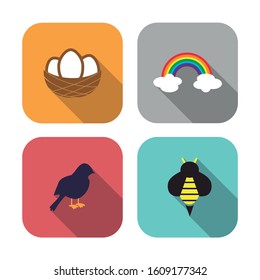 Collection of different spring icons. Nest, bird, rainbow and bee. Spring icons.