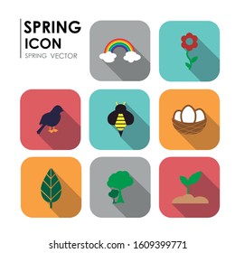 Collection of different spring icons. nest, bird, tree, plant, flower, leaf, rainbow and bee. Spring icons.