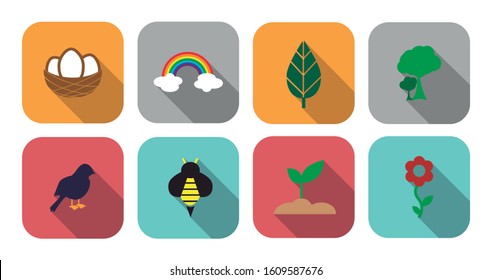 Collection of different spring icons. nest, bird, tree, plant, flower, leaf, rainbow and bee. Spring icons.